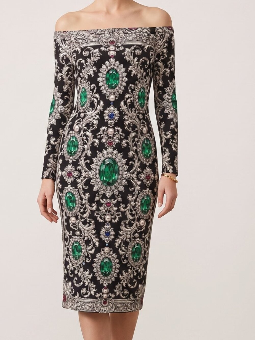 Conceptual Subculture XL Off Shoulder Midi Dress Emerald Jewel Baroque Bodycon